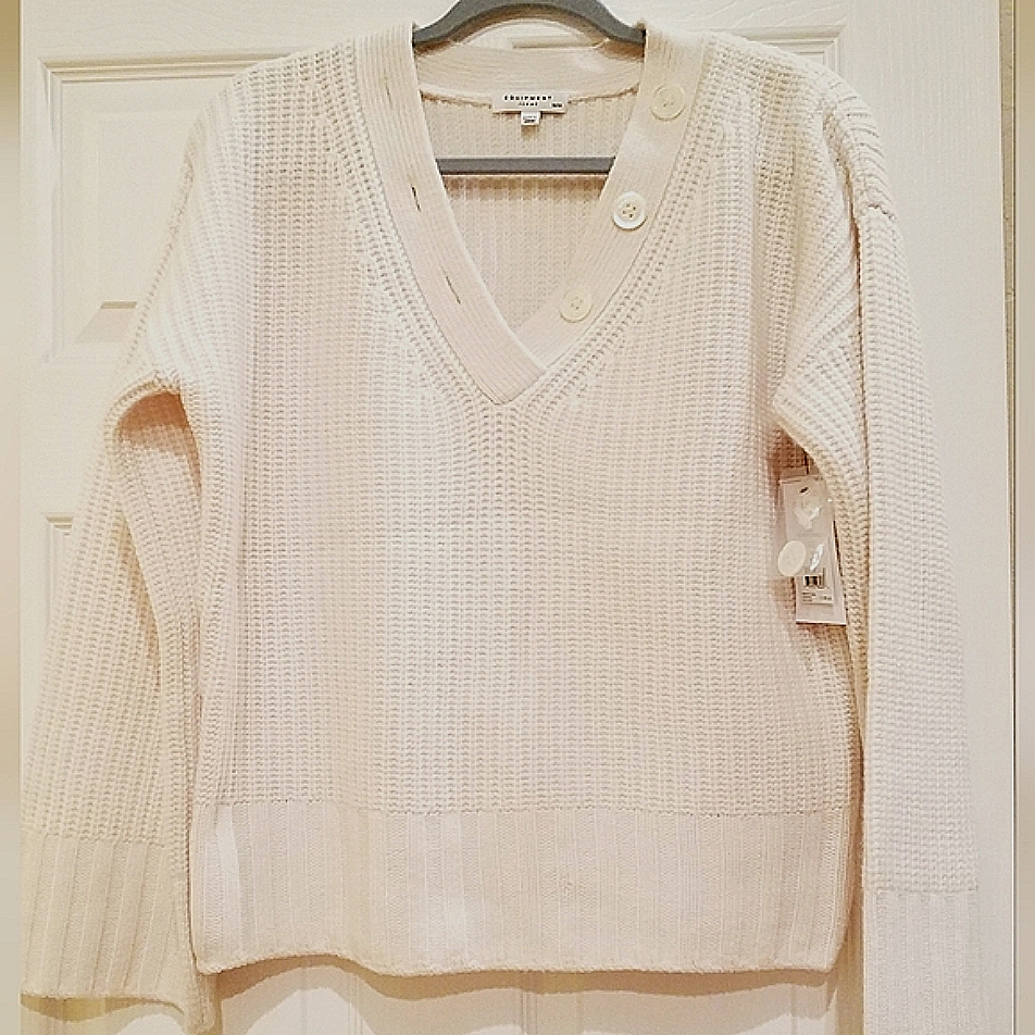 Luxurious Cashmere Women's White Cream V-Neck Sweater Size M/L, Long Sleeve